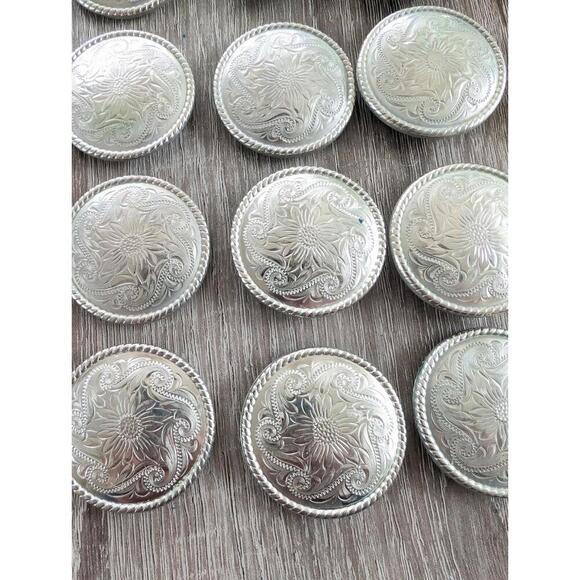 Vintage Handmade Sterling Silver Conchos Rope Edge Sunflower Engraved Set Of 16 - Picture 2 of 7